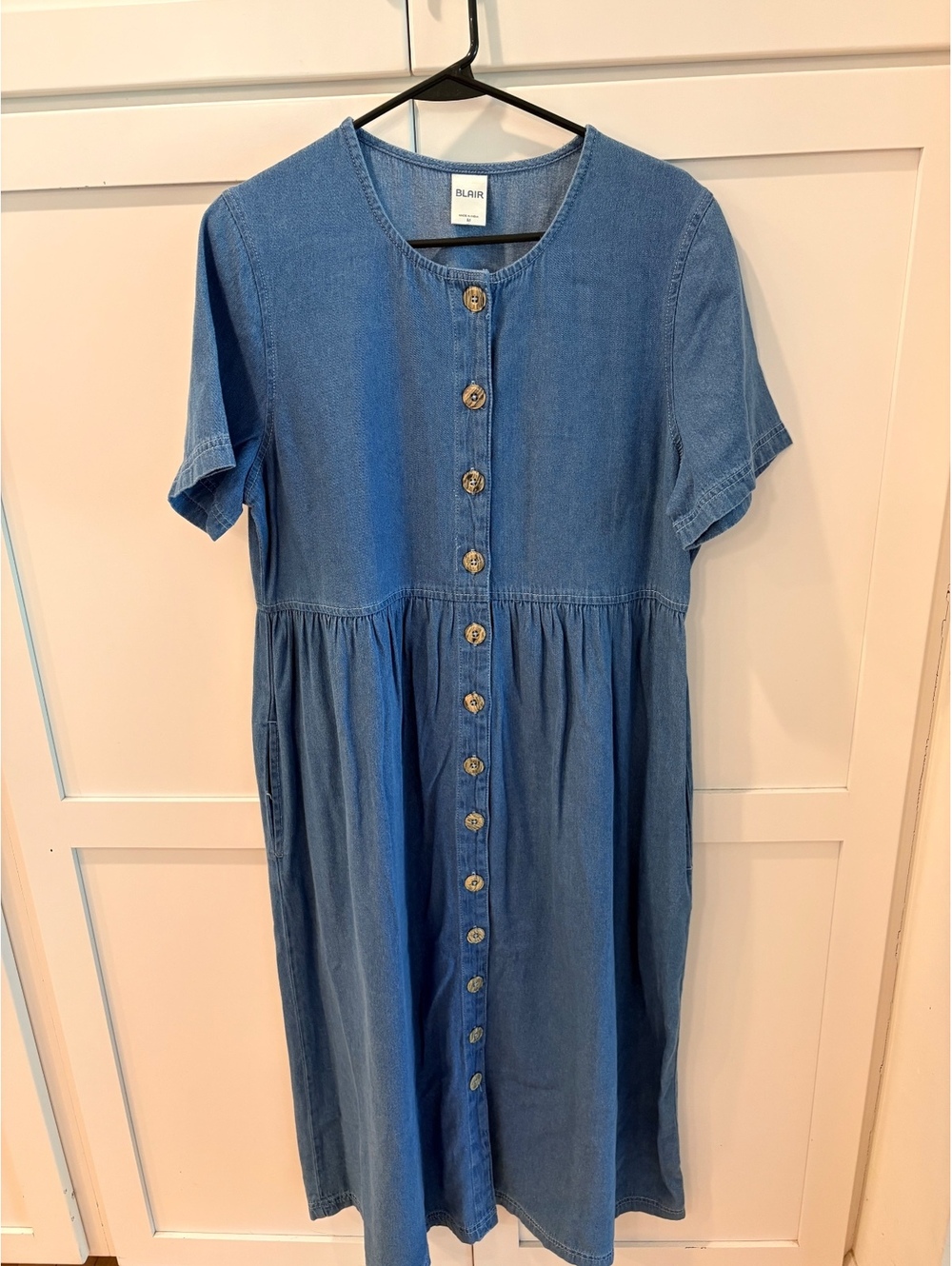 1990s-Y2K Vintage Blair Medium Blue Cotton Button-Front Midi Dress